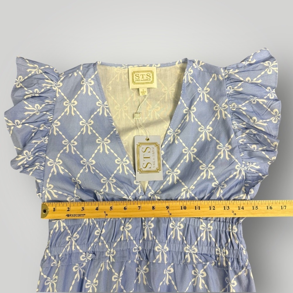 Sail to Sable Hydrangea Bow Print Flutter Sleeve V Neck Maxi Dress Blue SP25T5 S - Picture 8 of 9